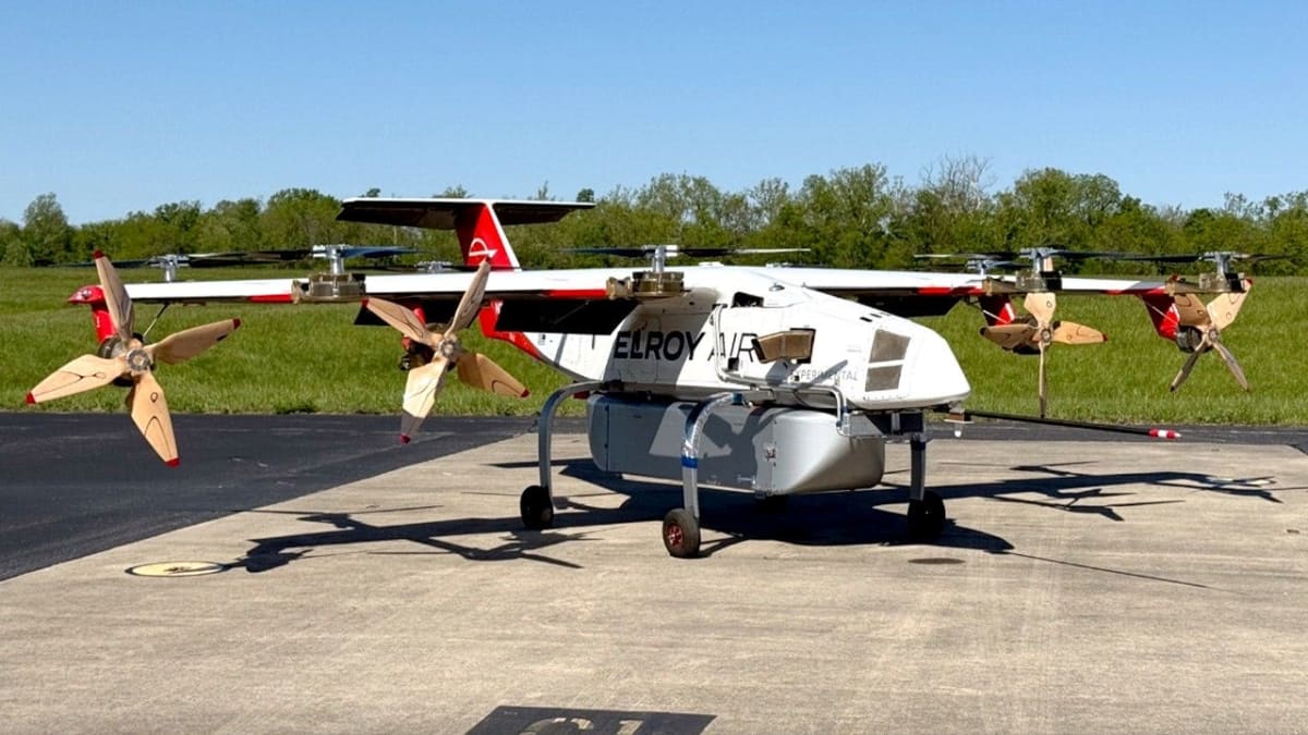 Elroy Air Chaparral pilotless cargo aircraft with vertical propellers lifting off from Louisiana airport