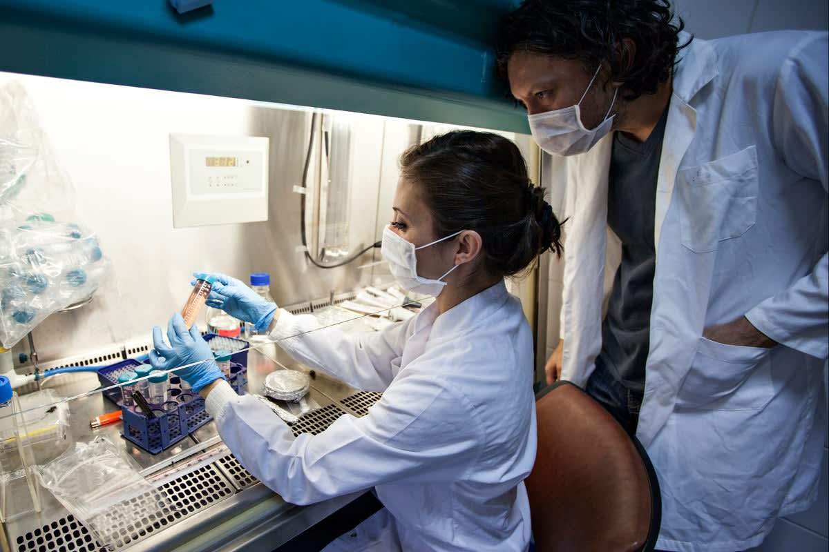 Medical researchers examining intestinal tissue samples in laboratory for Crohn's disease study