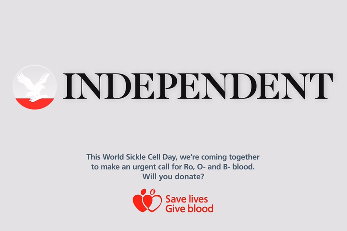 NHS blood donation campaign poster showing logos with red color drained away