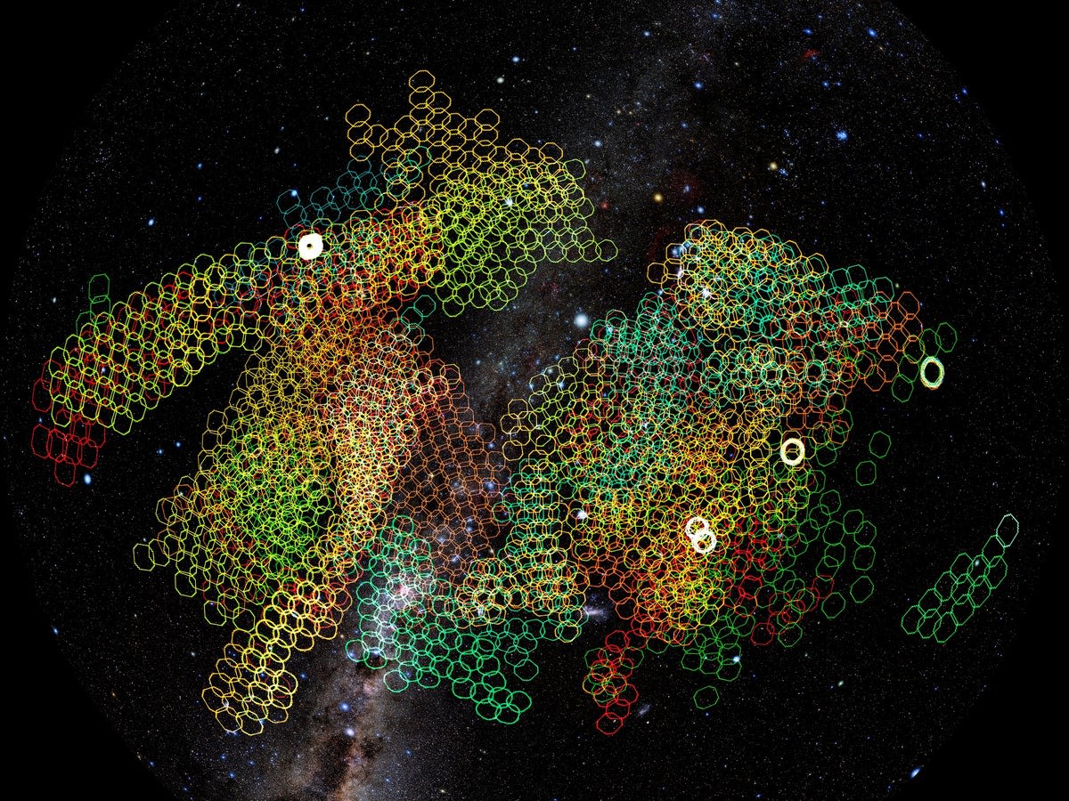 Colorful map showing Vera C. Rubin Observatory's weekly sky observation pattern in Chile