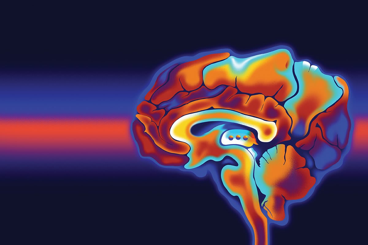 Colorful illustration of human brain with glowing neural pathways forming story-like connections