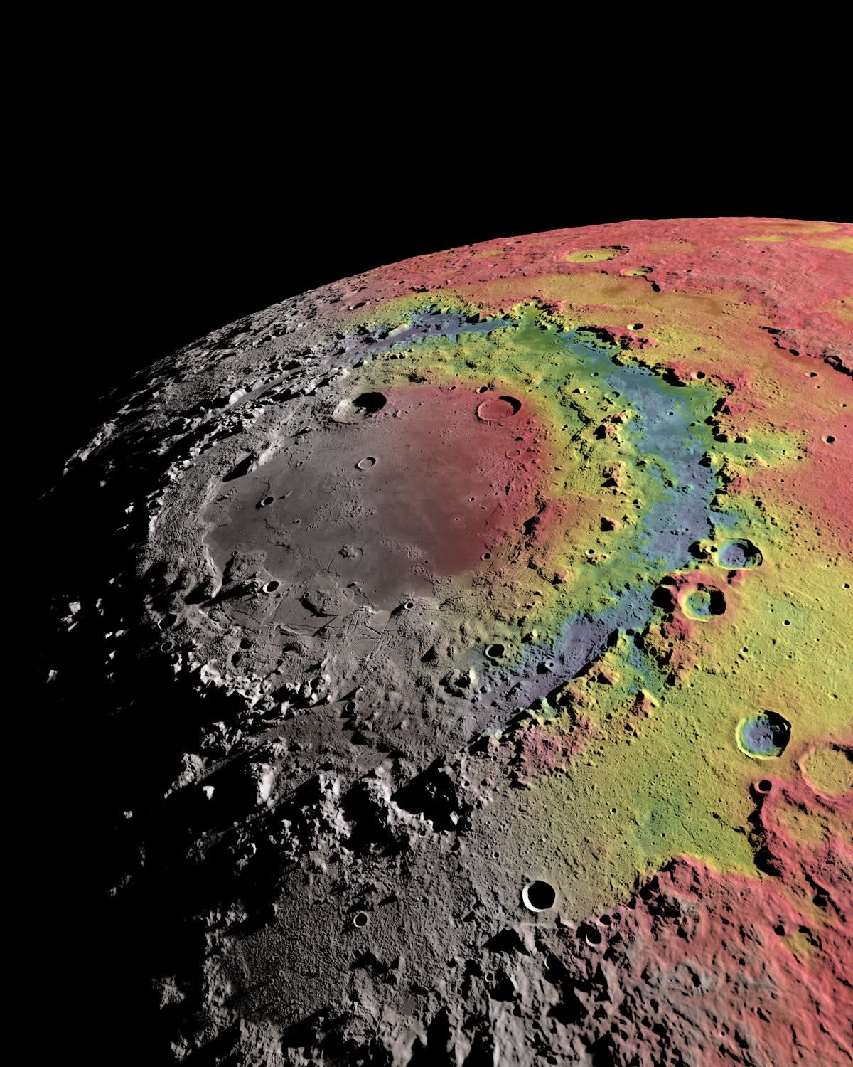 False-color visualization of the moon's Orientale basin showing gravitational data and subsurface structure