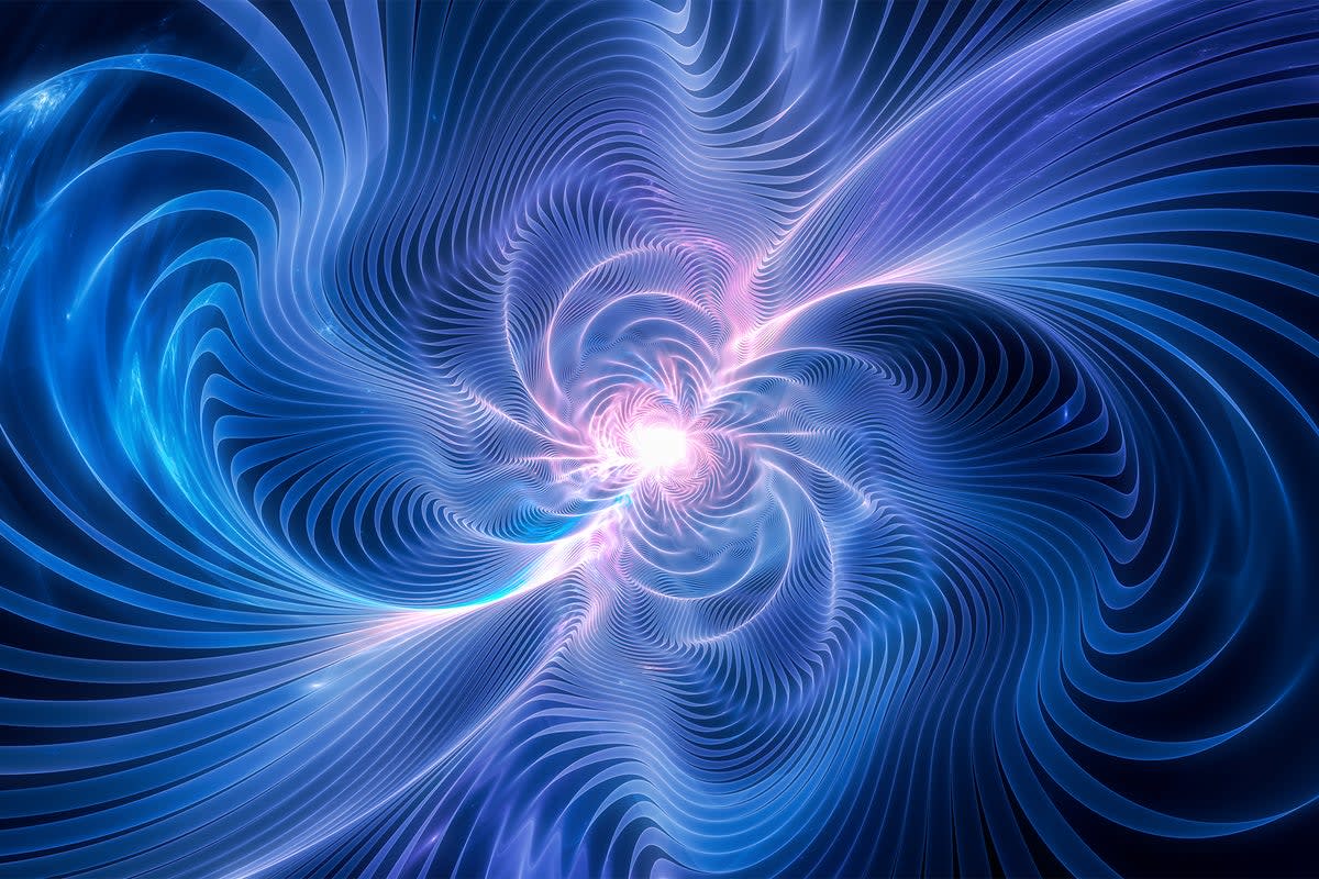 ** Artistic rendering of two black holes merging with gravitational wave ripples spreading through spacetime