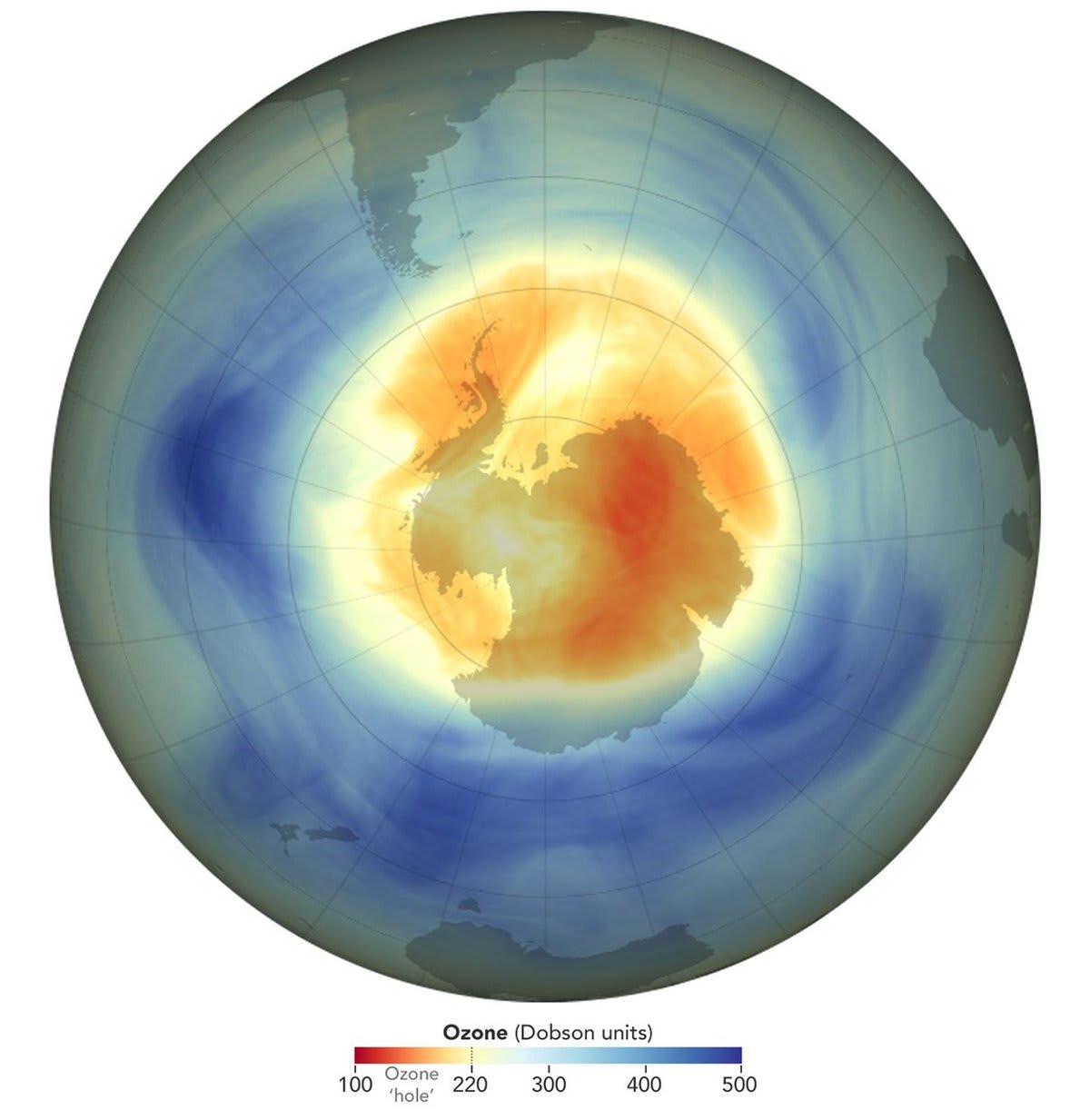 NASA satellite map showing reduced ozone hole over Antarctica in 2025 with orange and red zones