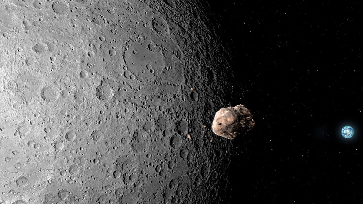 Artist illustration of large gray asteroid floating in space near Earth's moon