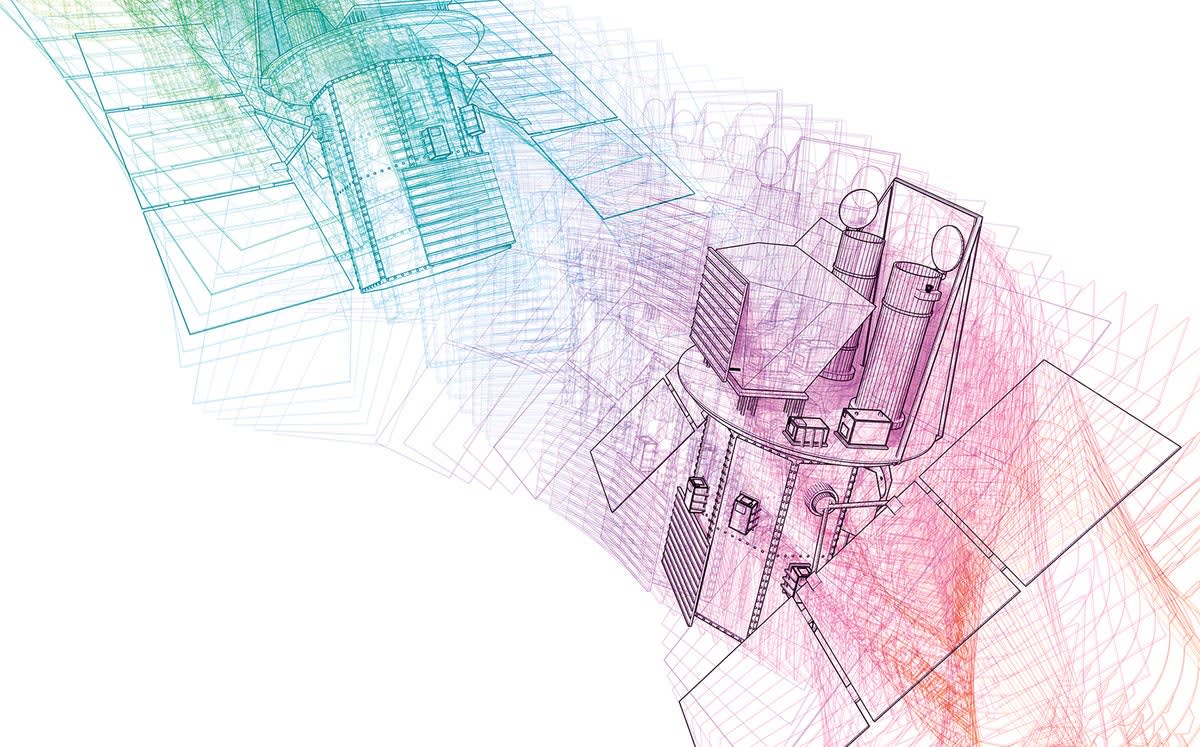 Three-armed robotic spacecraft approaching NASA's Swift space telescope against Earth's blue atmosphere backdrop