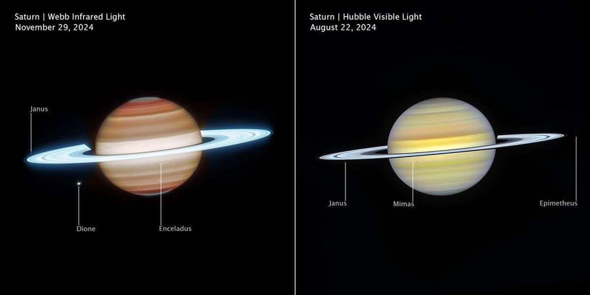 Side by side infrared and visible light images of Saturn showing rings and atmosphere