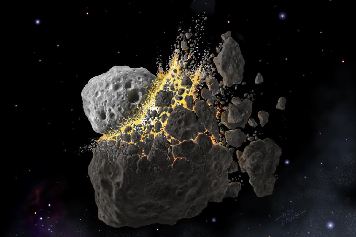 Computer simulation showing asteroid collision and nuclear detonation defense system in space