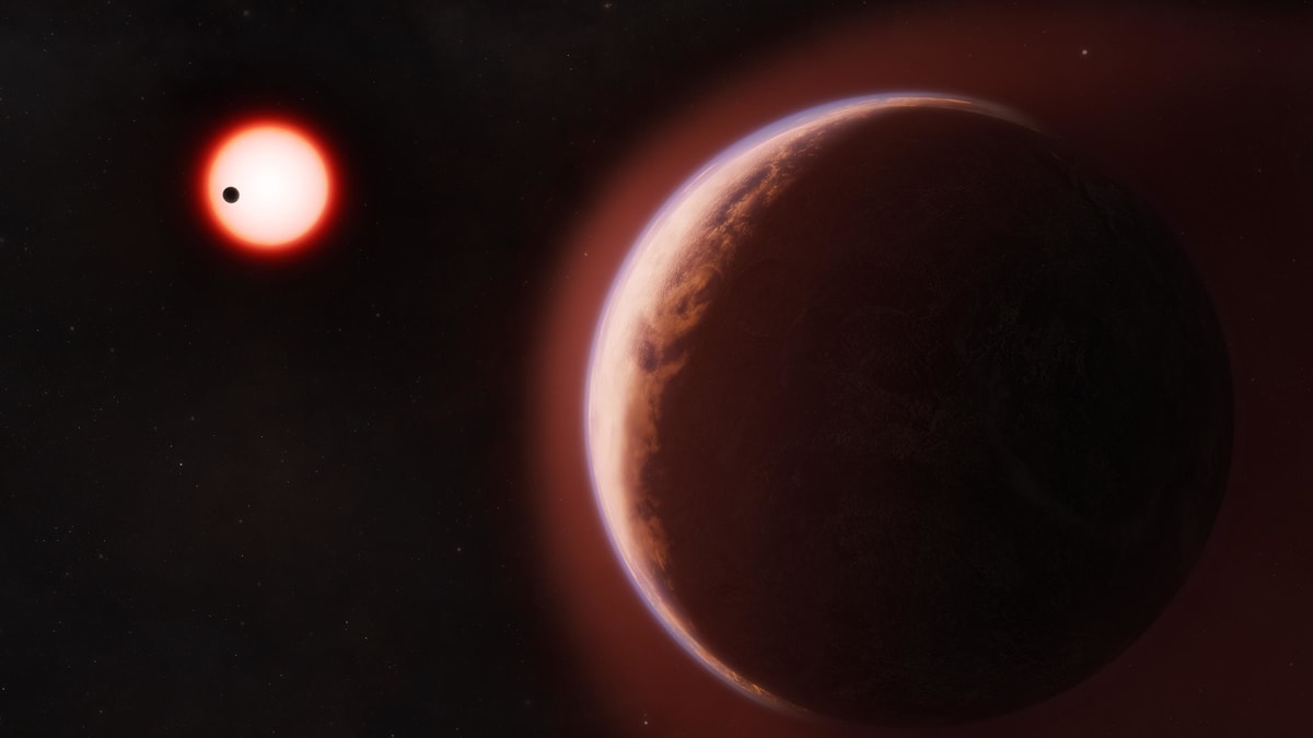 Artist's rendering of rocky exoplanet LHS 1140b with blue oceans orbiting distant red star