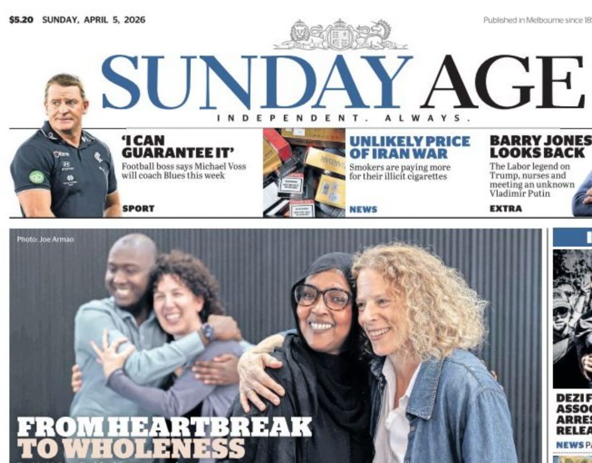 Somali mother in hijab and son embracing their Jewish Australian sponsors with joyful expressions