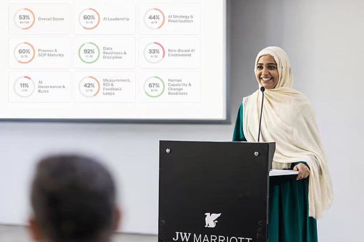 Business training session showing AI readiness framework guidance for small companies in Dubai