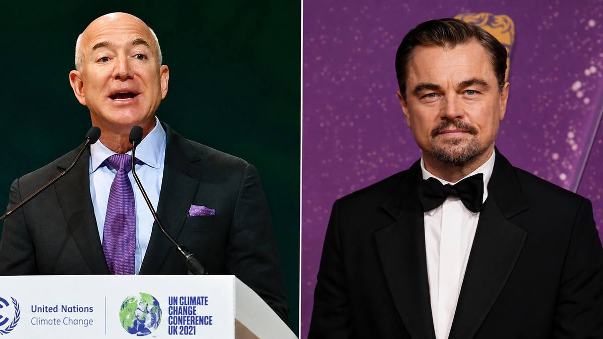 Leonardo DiCaprio and Jeff Bezos standing together at conservation announcement event