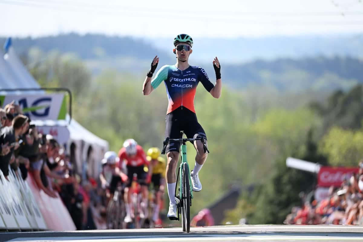 ** Young cyclist Paul Seixas celebrates winning La Flèche Wallonne race in Belgium