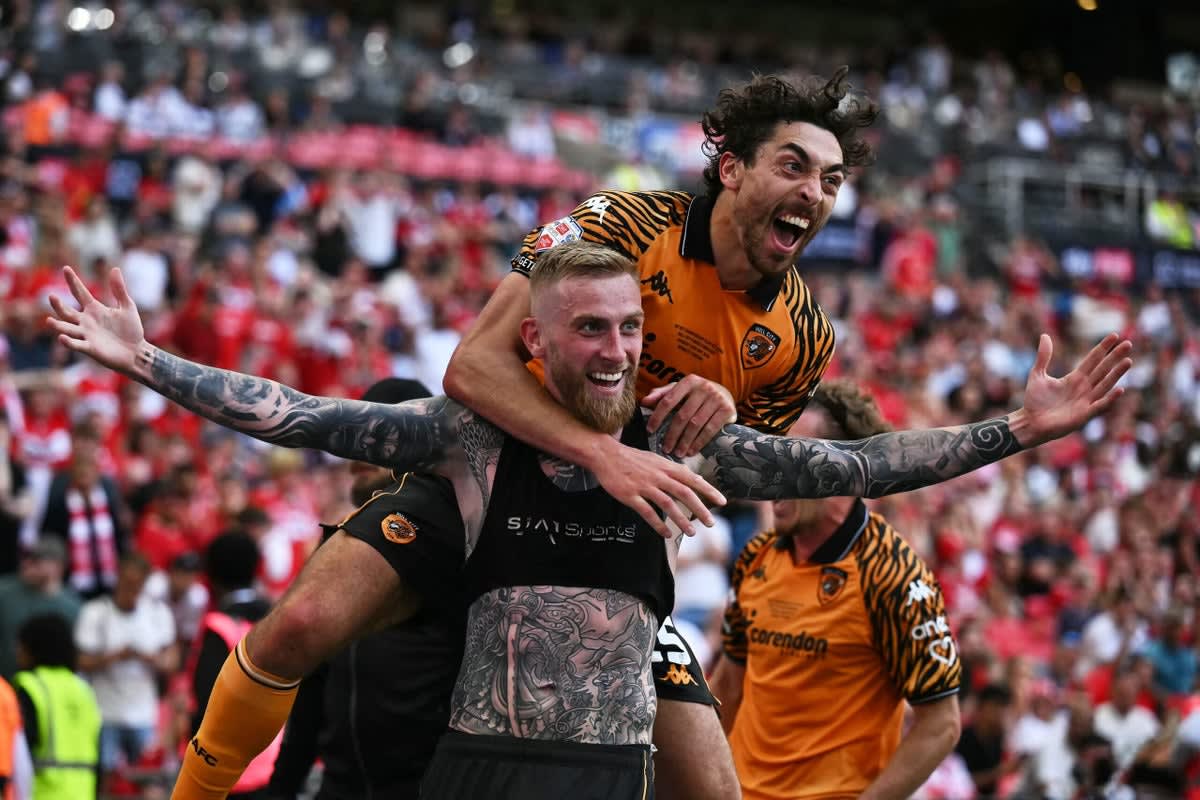 ** Oli McBurnie celebrates scoring the winning goal at Wembley Stadium for Hull City
