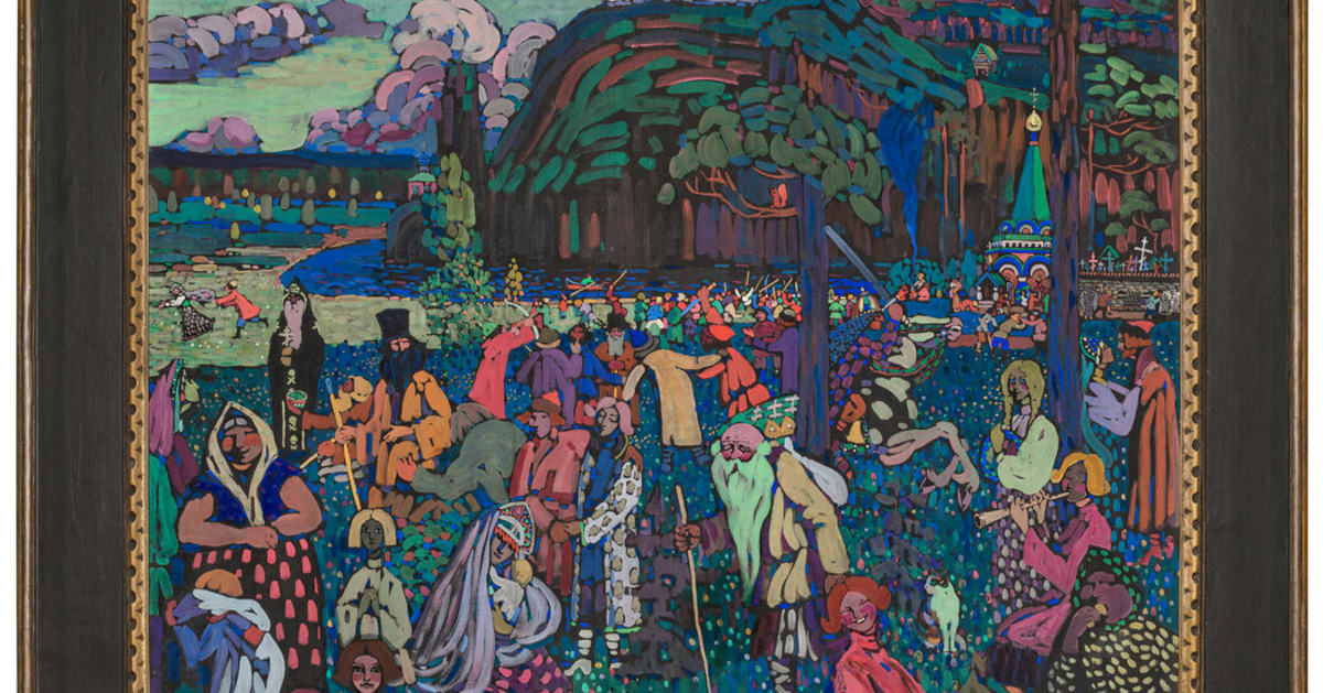 Wassily Kandinsky's 1907 painting The Colorful Life showing festive figures from Russian folklore