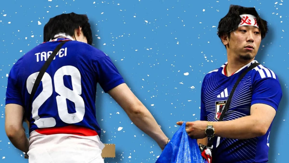 Japanese soccer fans in national team jerseys collecting trash and cleaning stadium stands after World Cup match