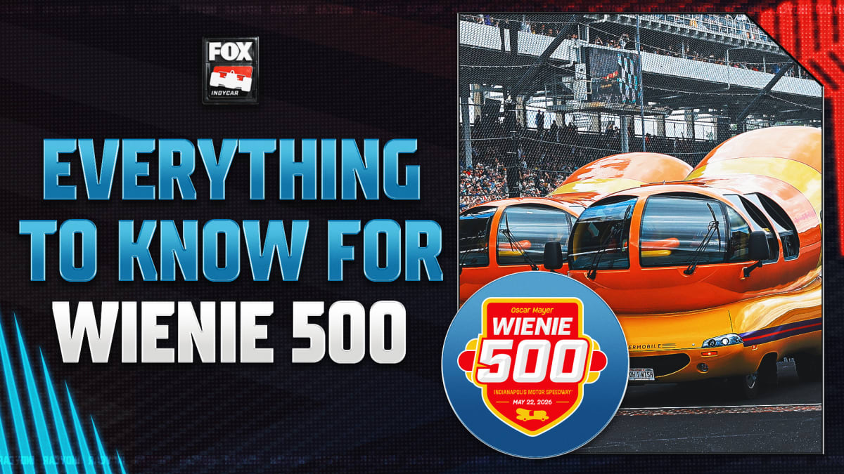 Giant Oscar Mayer Wienermobile hot dog car racing around Indianapolis Motor Speedway track