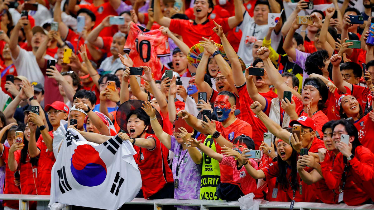 Mexican and South Korean soccer fans celebrating together in street party with flags