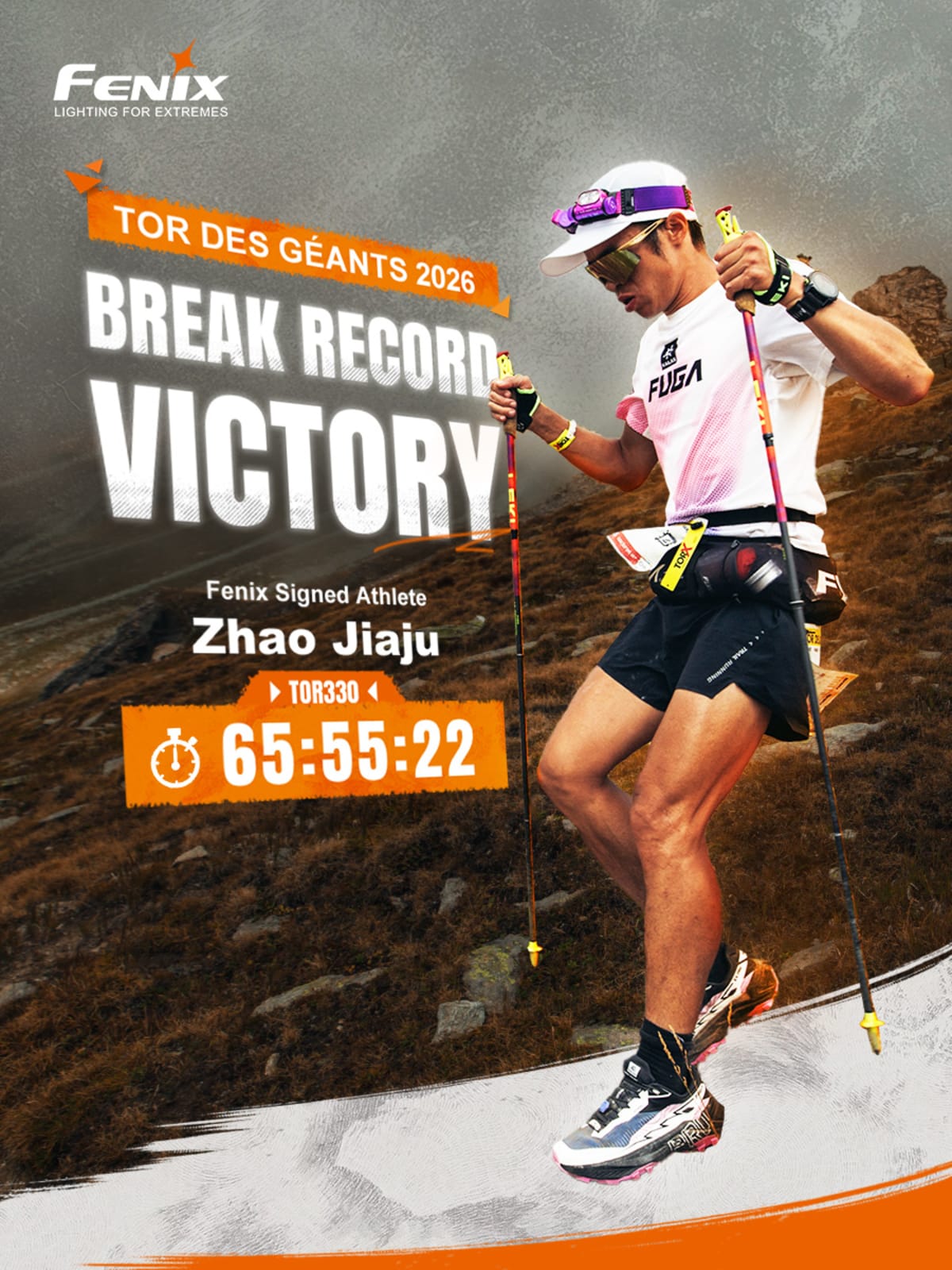 ** Ultrarunner crossing finish line after completing 330-mile mountain race through Italian Alps