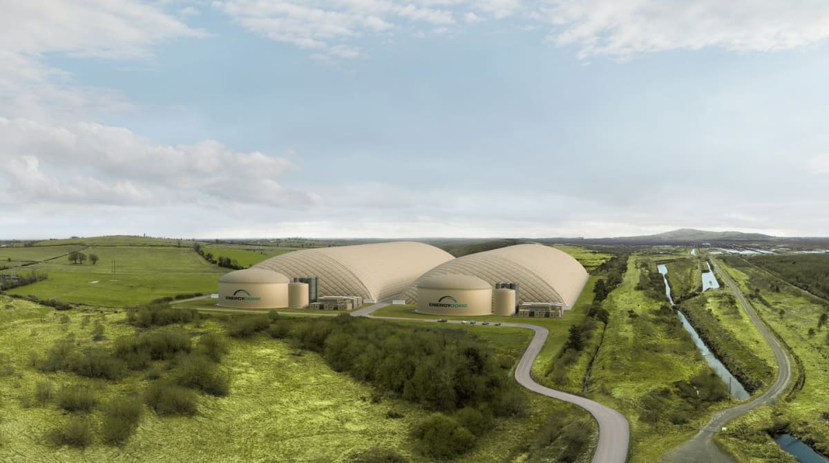 Modern clean energy storage facility with large industrial equipment at former power station in rural Ireland