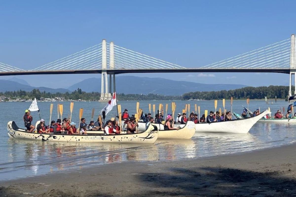 Paddlers raising paddles in traditional canoes on Fraser River during 2026 reconciliation journey