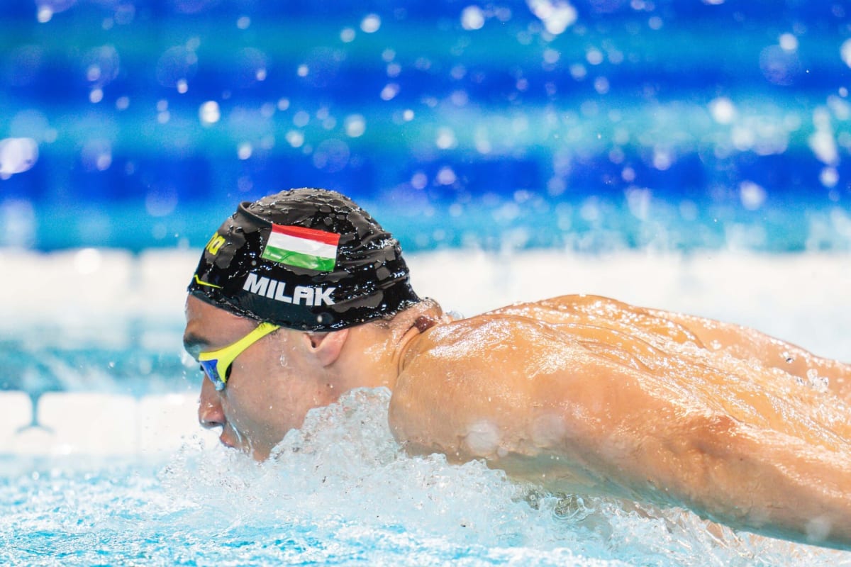 Hungarian swimmer Kristof Milak competing in butterfly stroke at Monaco Mare Nostrum pool competition