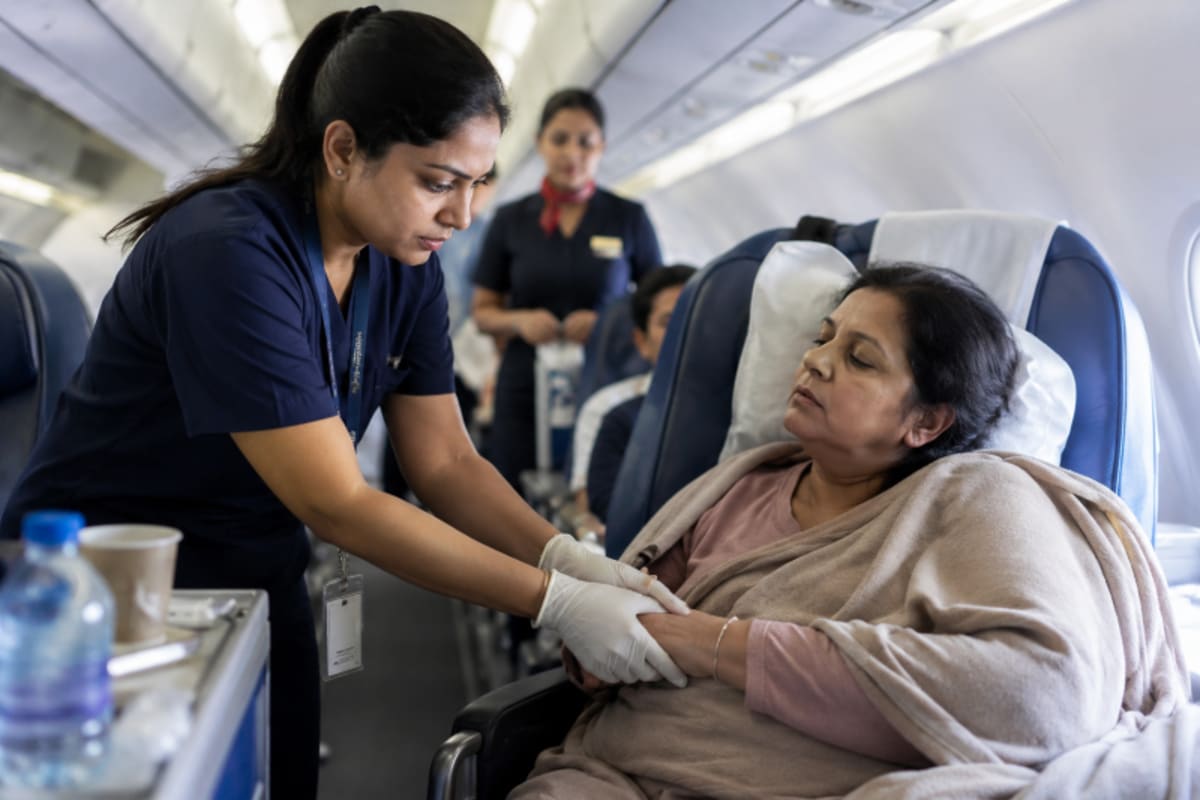 Female nurse in medical uniform providing care to passenger on airplane cabin