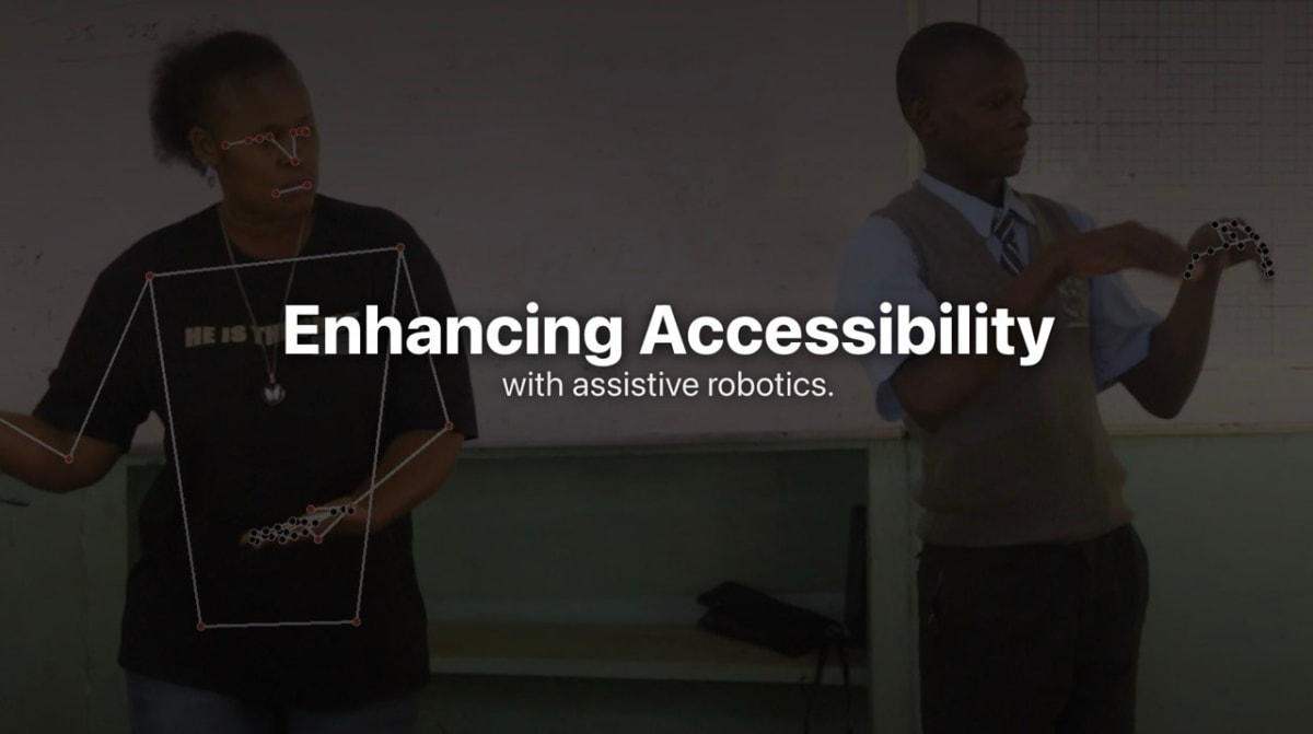 Humanoid robotic arm performing sign language gestures in classroom setting with students