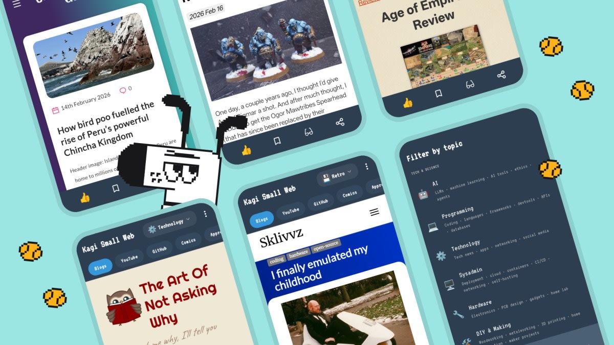 Screenshot of Kagi's Small Web mobile app showing category filters and website discovery interface