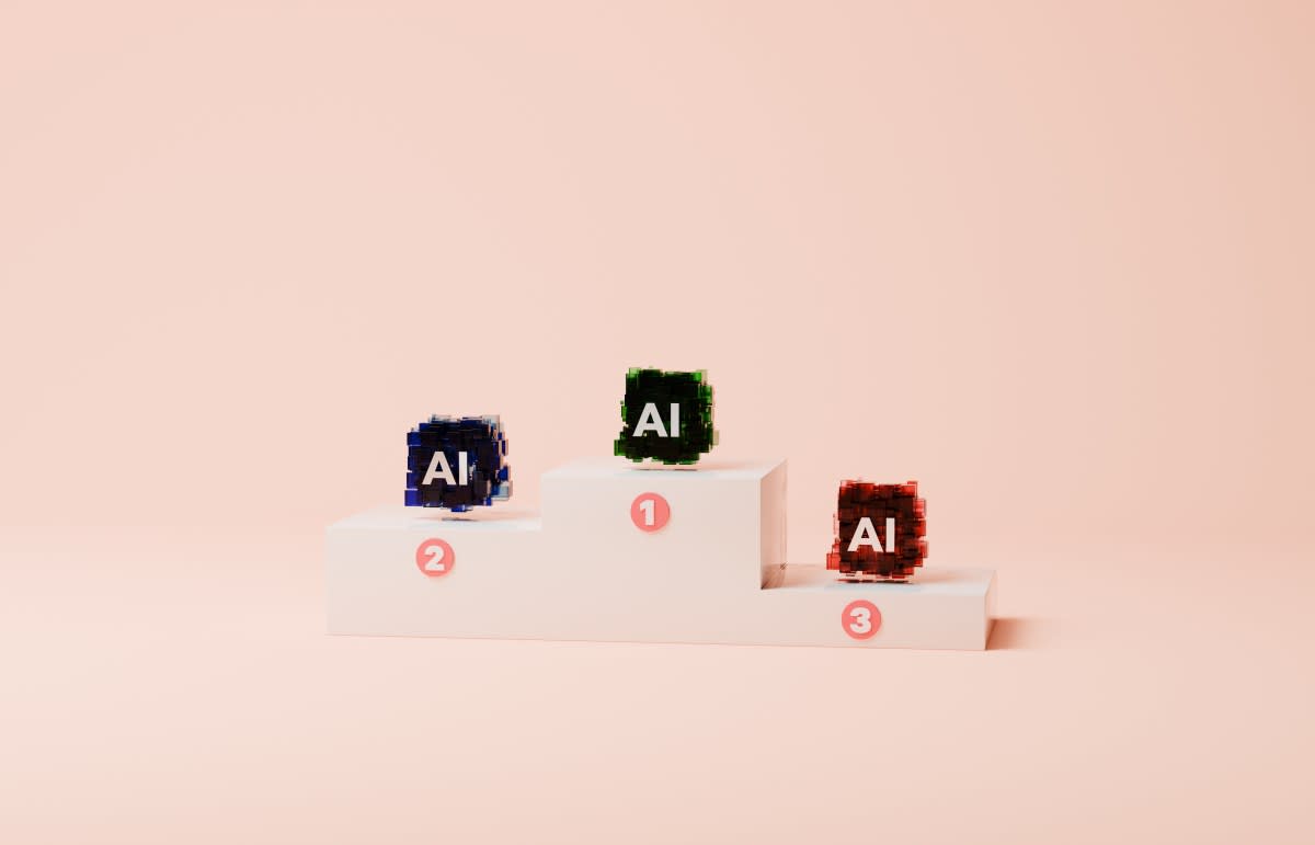 Two researchers at computer screens displaying AI comparison interface and leaderboard rankings