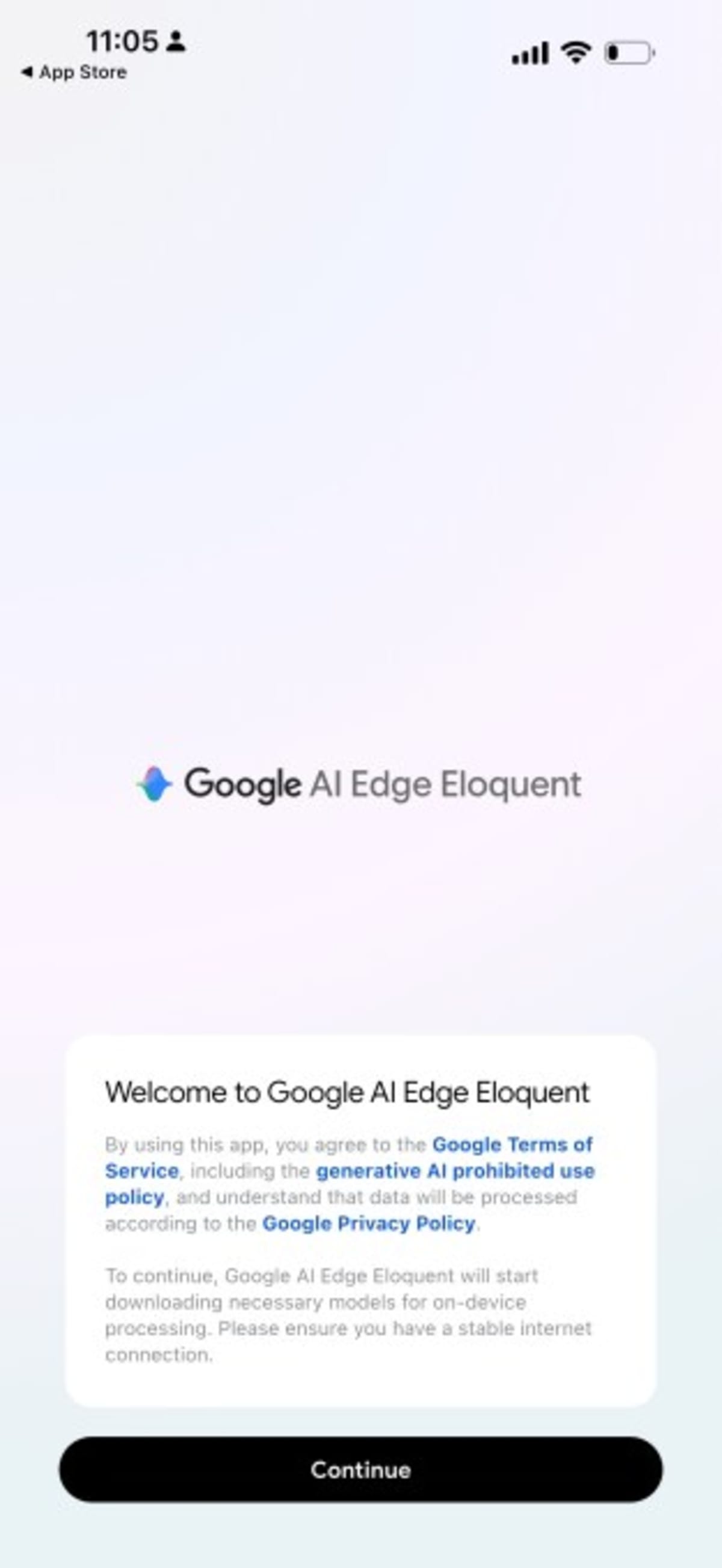 Person holding iPhone showing Google AI Edge Eloquent dictation app with clean transcribed text on screen