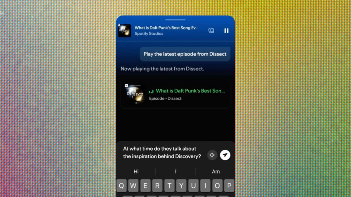 Person using smartphone with Spotify app open showing AI podcast creation interface
