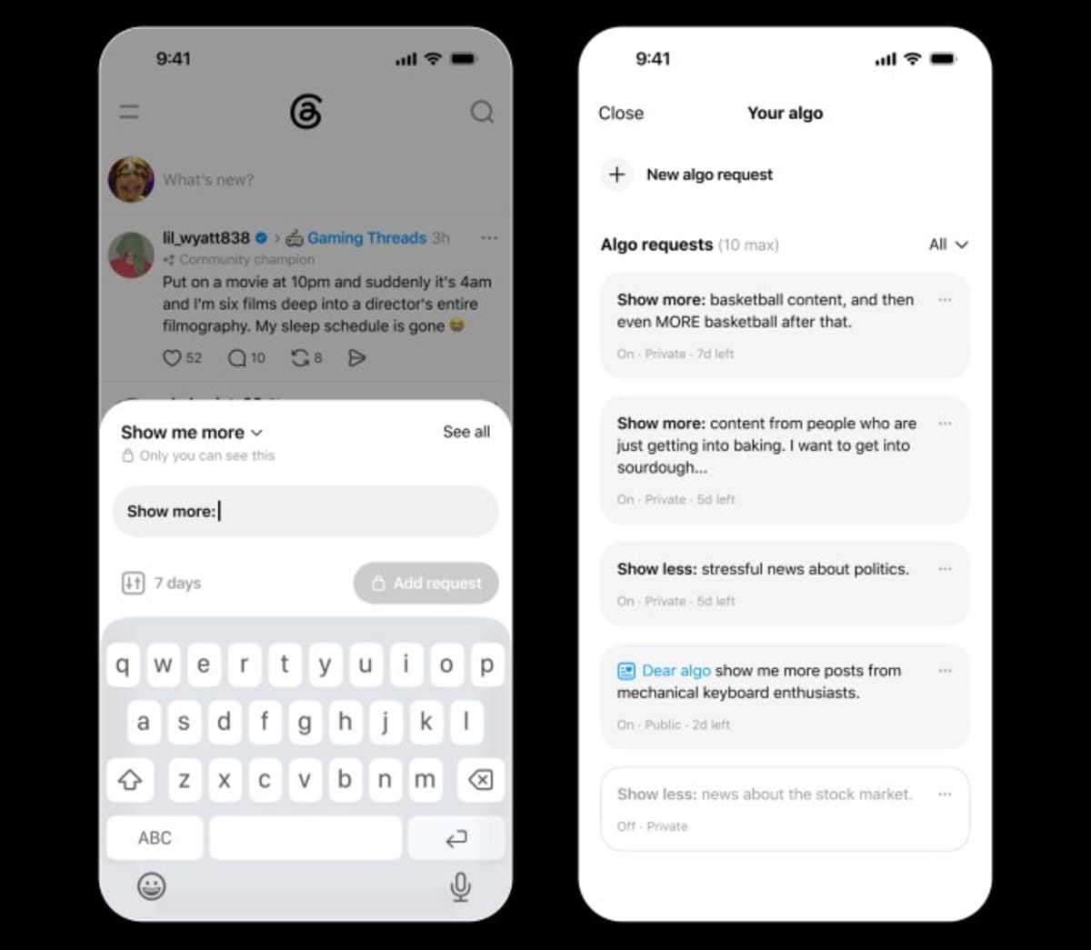 Smartphone screen showing social media feed customization settings with topic sliders and preferences
