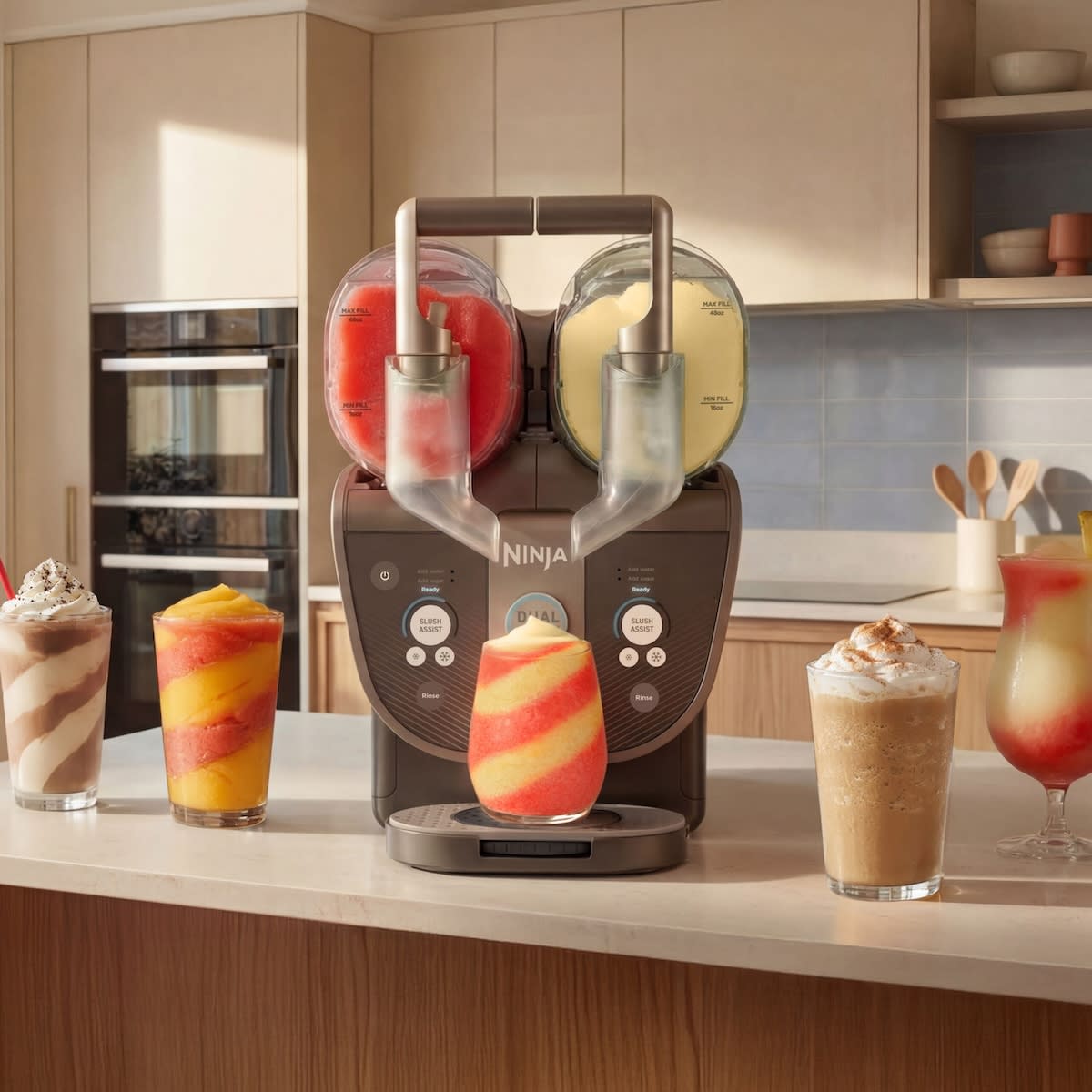 Ninja Slushi Twist dual-chamber frozen drink machine with two filled transparent vessels on kitchen counter
