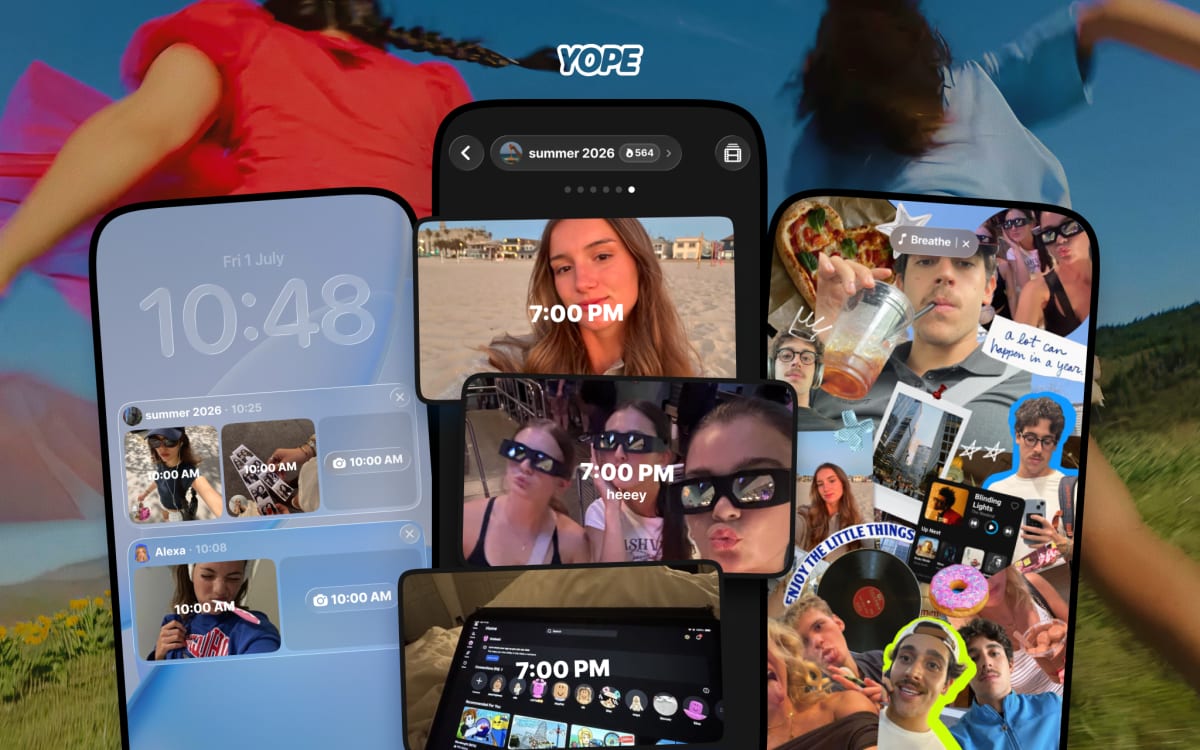 Young person using Yope social media app with private photo collage wall display