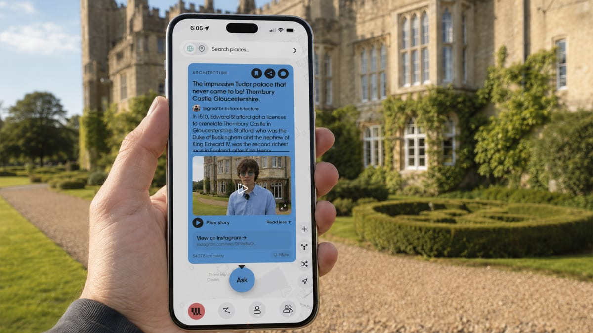 Person walking outdoors wearing earbuds while exploring city with Wrinkles location-based audio history app