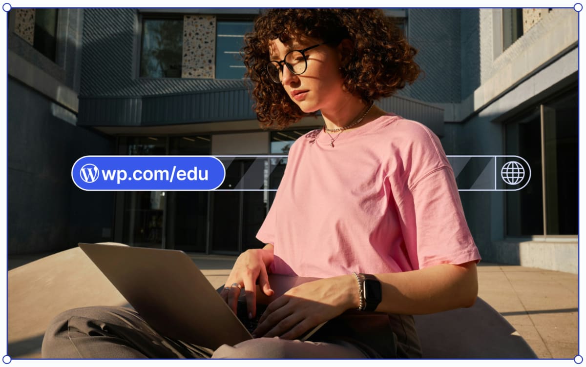 Students using laptops in classroom learning website development with WordPress Education program interface displayed