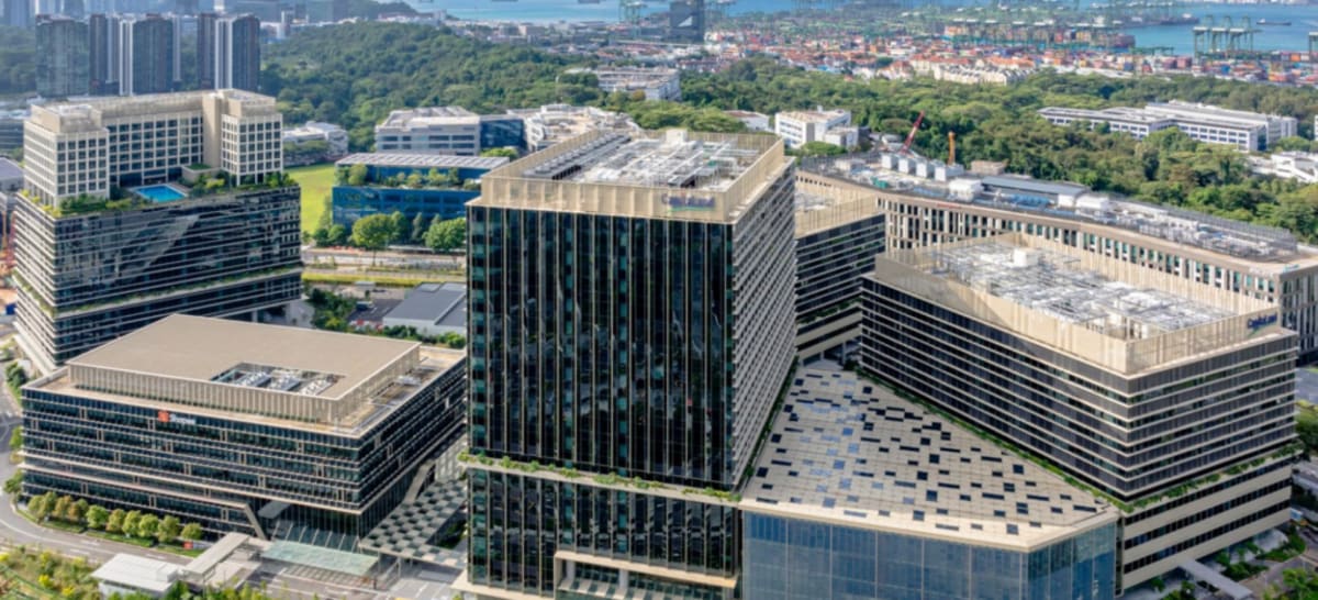Modern glass and steel life sciences research campus with laboratory buildings in Singapore
