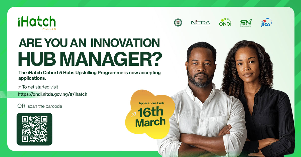 Innovation hub workspace in Nigeria with entrepreneurs collaborating on startup development projects