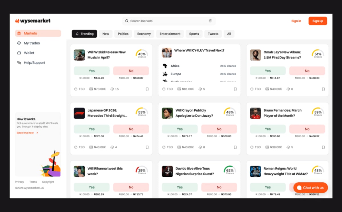 African user looking at mobile phone displaying Wysemarket prediction market interface