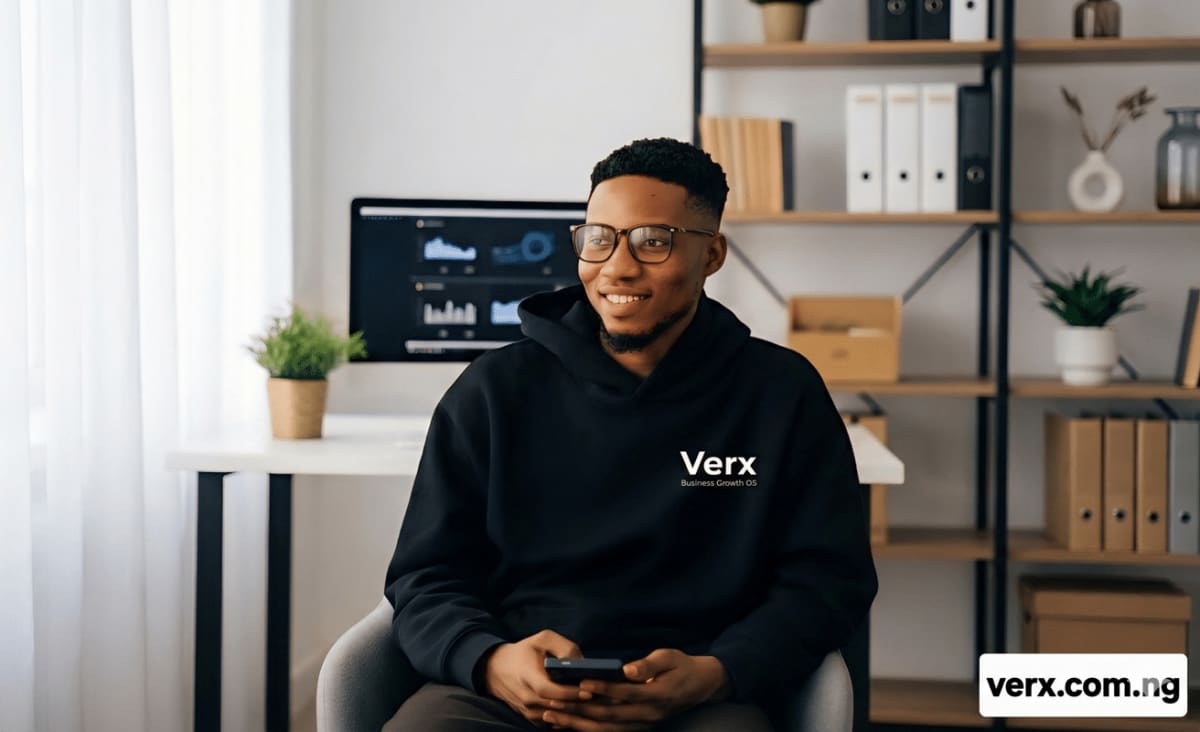 African entrepreneur using laptop dashboard showing business analytics and sales data on Verx platform