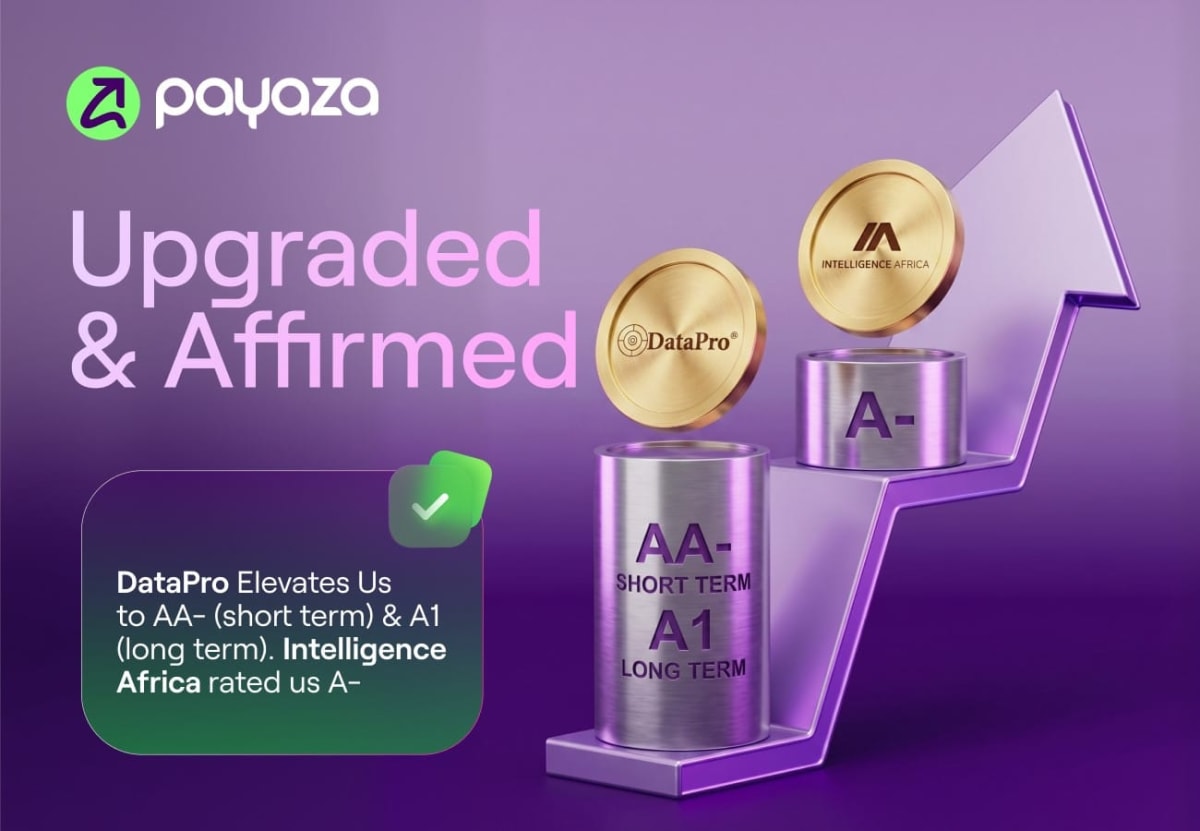 Mobile phone displaying Payaza payment interface with WhatsApp chat and African business owner