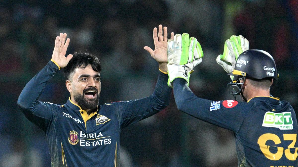 Afghan cricket spinner Rashid Khan celebrating wicket during 2026 IPL match in New Delhi