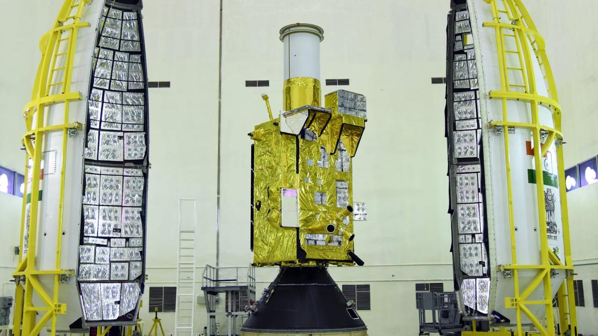 Indian PSLV rocket on launch pad awaiting liftoff for GISAT-1A satellite mission