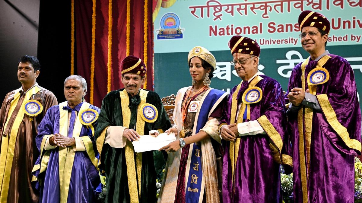 Professor speaking at university convocation ceremony about Sanskrit and artificial intelligence technology