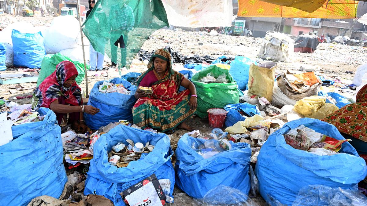 Waste picker sorting through recyclable materials from household garbage bags in Delhi, India
