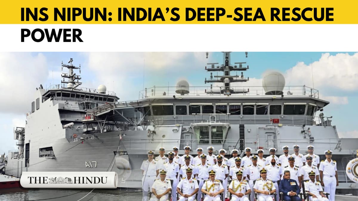 INS Nipun diving support vessel with specialized rescue equipment on deck in Indian waters
