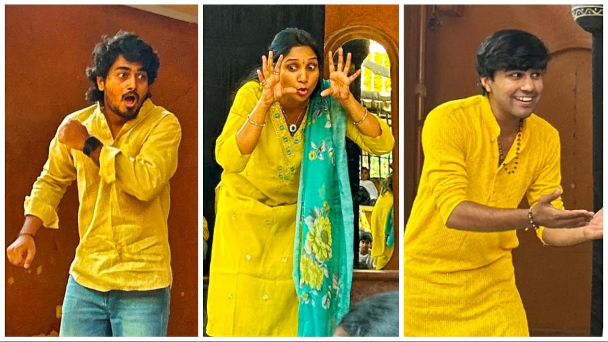 Theatre group performing outdoor play in residential community setting in Hyderabad, India