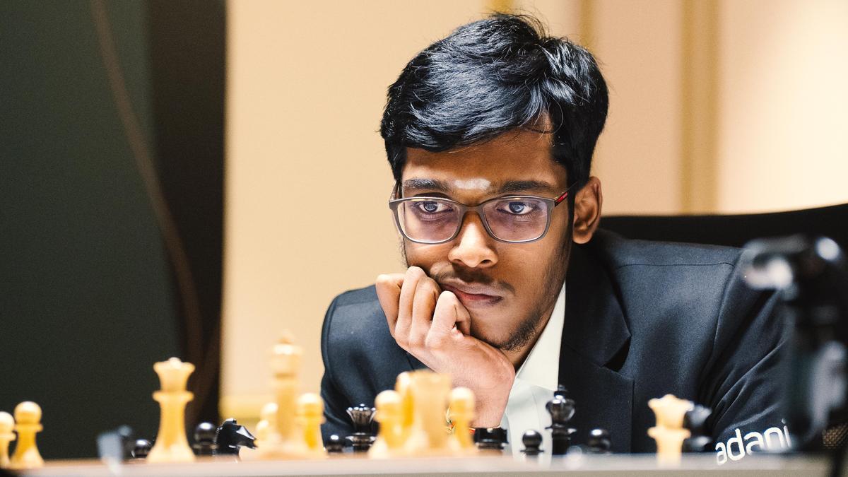 Young Indian chess grandmaster R. Praggnanandhaa concentrating during match at Norway Chess tournament