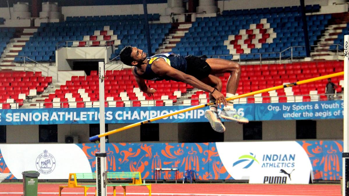 Indian high jumper Sarvesh Kushare mid-jump clearing the bar at Monaco Diamond League meet